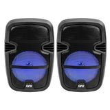 TWO 8 INCH PORTABLE PA SPEAKER SYSTEMS with 2 SPEAKERS, 2 SPEAKER STANDS, 2 WIRED MICROPHONES and 2 REMOTES