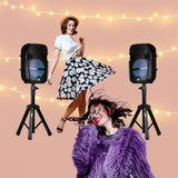 TWO 8 INCH PORTABLE PA SPEAKER SYSTEMS with 2 SPEAKERS, 2 SPEAKER STANDS, 2 WIRED MICROPHONES and 2 REMOTES