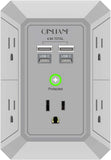 5-Outlet Wall Charger and Surge Protector with 4 USB Ports (4.8A Total) - 3-Sided Power Strip Multi-Plug Adapter for Home, Travel, and Office