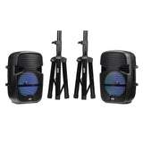 TWO 8 INCH PORTABLE PA SPEAKER SYSTEMS with 2 SPEAKERS, 2 SPEAKER STANDS, 2 WIRED MICROPHONES and 2 REMOTES