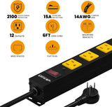 12-Outlet Heavy-Duty Power Strip with 2100 Joules Surge Protection, 6FT Power Cord, Wide-Spaced Outlets, and Overload Protection Switch for Industrial Use in Workbench, Shop, and Garage