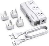 Universal Travel Adapter 100-220V to 110V Voltage Converter 250W with 6A 4-Port USB Charging 3 AC Sockets and Eu/Uk/Au/Us/India Worldwide Plug Adapter (White)