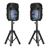 TWO 8 INCH PORTABLE PA SPEAKER SYSTEMS with 2 SPEAKERS, 2 SPEAKER STANDS, 2 WIRED MICROPHONES and 2 REMOTES