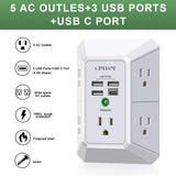5-Outlet Wall Charger and Surge Protector with 4 USB Ports (4.8A Total) - 3-Sided Power Strip Multi-Plug Adapter for Home, Travel, and Office