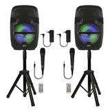 TWO 8 INCH PORTABLE PA SPEAKER SYSTEMS with 2 SPEAKERS, 2 SPEAKER STANDS, 2 WIRED MICROPHONES and 2 REMOTES