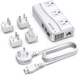Universal Travel Adapter 100-220V to 110V Voltage Converter 250W with 6A 4-Port USB Charging 3 AC Sockets and Eu/Uk/Au/Us/India Worldwide Plug Adapter (White)