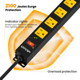 12-Outlet Heavy-Duty Power Strip with 2100 Joules Surge Protection, 6FT Power Cord, Wide-Spaced Outlets, and Overload Protection Switch for Industrial Use in Workbench, Shop, and Garage
