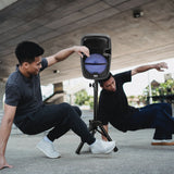 TWO 8 INCH PORTABLE PA SPEAKER SYSTEMS with 2 SPEAKERS, 2 SPEAKER STANDS, 2 WIRED MICROPHONES and 2 REMOTES