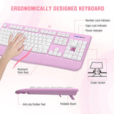 Wireless Keyboard and Mouse Combo,  2.4G Full-Sized Ergonomic Computer Keyboard with Wrist Rest and 3 Level DPI Adjustable Wireless Mouse for Windows, Mac OS Desktop/Laptop/Pc(White Pink)