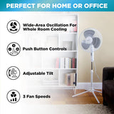 16-Inch Adjustable Pedestal Fan with 3 Speed Settings, 90-Degree Oscillation, and Quiet Operation for Home or Office, White