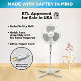 16-Inch Adjustable Pedestal Fan with 3 Speed Settings, 90-Degree Oscillation, and Quiet Operation for Home or Office, White