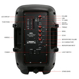 TWO 8 INCH PORTABLE PA SPEAKER SYSTEMS with 2 SPEAKERS, 2 SPEAKER STANDS, 2 WIRED MICROPHONES and 2 REMOTES