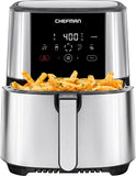 Touch Air Fryer, XL 8-Qt Family Size, One-Touch Digital Control Presets, French Fries, Chicken, Meat, Fish, Nonstick Dishwasher-Safe Parts, Automatic Shutoff, Stainless Steel