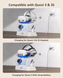 Premium Charging Dock for Meta Quest 3 and 3S with LED Indicator, Compatible with Elite Strap with Battery, Headset Display Stand, Controller Mount, and Rechargeable Batteries, White