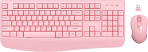 Wireless Keyboard and Mouse Combo,  2.4G Full-Sized Ergonomic Computer Keyboard with Wrist Rest and 3 Level DPI Adjustable Wireless Mouse for Windows, Mac OS Desktop/Laptop/Pc(White Pink)