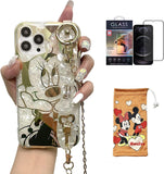 Cartoon Case for Iphone 14 Pro Max 6.7" with HD Screen Protector, Minnie Mouse with Wrist Strap Kickstand Metal Chain Strap Soft TPU Shockproof Protective for Girls Women