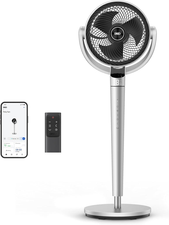 Omni-Directional Oscillating Fan for Bedroom with Smart Control, 110Ft Pedestal Design, DC Motor, 9 Speeds, 6 Modes, 43-Inch Height, 12-Hour Timer, Wi-Fi and Voice Control Compatible