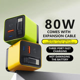 TOBRBE 3 in 1 Gan Charger, Retractable 80W MAX Fast Charger Block with Type-C Cable & 2 USB Ports, Portable Adapter Iphone Smartphone Electronic, Yellow, Cellphone, Folding Charging