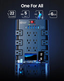 Surge Protector Power Strip with 22 AC Outlets and 6 USB Charging Ports, 1875W/15A, 2100 Joules, 6.5Ft Flat Plug Heavy Duty Extension Cord for Home, Office, Dorm, and Gaming Room, Black
