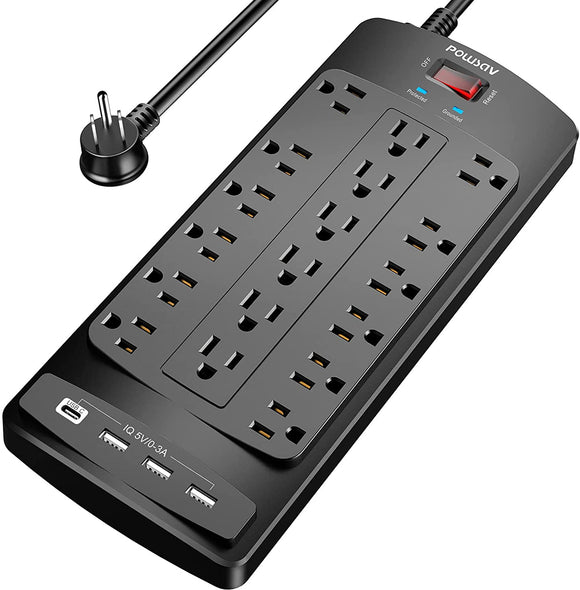 18-Outlet Power Strip with 6-Foot Flat Plug Heavy-Duty Extension Cord, 4 USB Ports, 2100 Joules, Black, ETL Listed