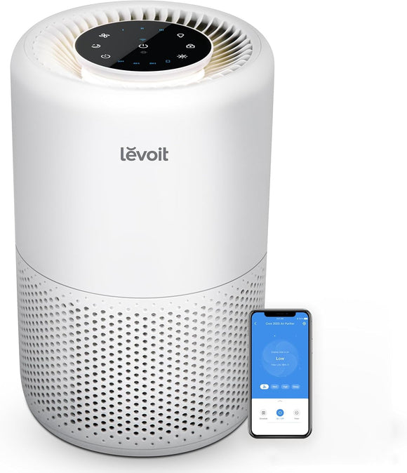 Core 200S-P Smart WiFi Air Purifier for Home and Bedroom, Alexa Compatible, Effective Coverage up to 916 Sq Ft, 3-in-1 HEPA Filter with Sleep Mode for Allergies, Smoke, and Dust, Quiet Operation at 27dB, White