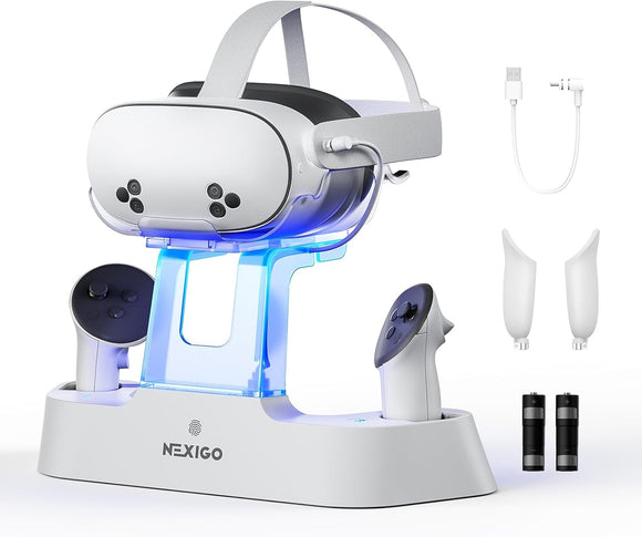 Premium Charging Dock for Meta Quest 3 and 3S with LED Indicator, Compatible with Elite Strap with Battery, Headset Display Stand, Controller Mount, and Rechargeable Batteries, White
