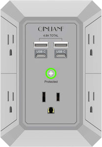 5-Outlet Wall Charger and Surge Protector with 4 USB Ports (4.8A Total) - 3-Sided Power Strip Multi-Plug Adapter for Home, Travel, and Office