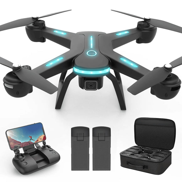 Drone with 1080P HD Camera , FPV RC Quadcopter with LED Lights and Optical Flow Sensor, 2 Batteries, Black