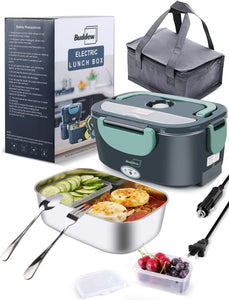 Electric Lunch Box 80W Food Heater for Adults, 12/24/110V Portable Lunch Warmer for Car/Truck/Office with SS Fork&Spoon and Insulated Carry Bag (Green)