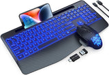 Wireless Keyboard and Mouse Backlits, Wrist Rest, Jiggler Mouse, Rechargeable Ergonomic Keyboard with Phone Holder, Silent Light up Combo for Computer, Mac, PC, Laptop, Chromebook