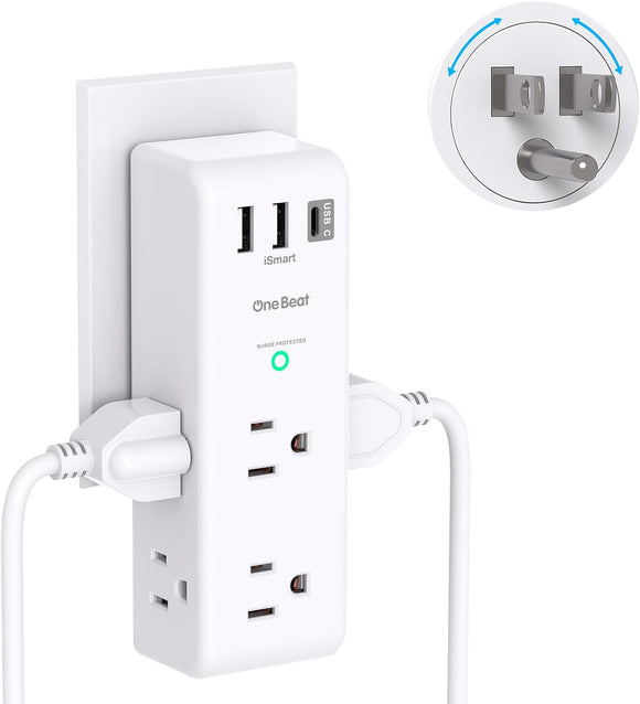 6-Outlet AC Power Strip with 3 USB Ports (including 1 USB-C), 1800J Wall Charger, and 3-Sided Design for Home, Office, and Travel