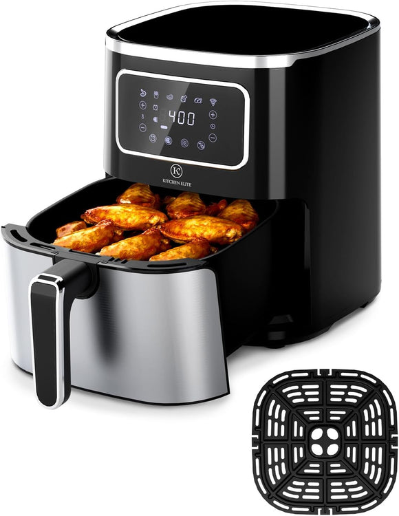 5.28 Qt, 6-In-1 Digital Display Compact Cooker，Space-Saving, Nonstick and Dishwasher Safe Basket, Stainless Steel