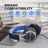 C8 Headphones Wired, On-Ear Headphones with Microphone and Volume Control Foldable Corded Stereo 3.5Mm Headset for Smartphones Chromebook Laptop Computer PC Tablets Travel(Black/Blue)