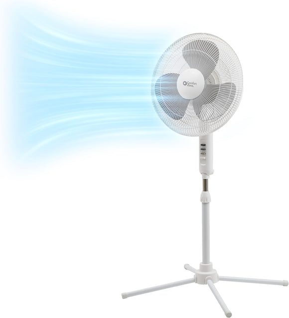16-Inch Adjustable Pedestal Fan with 3 Speed Settings, 90-Degree Oscillation, and Quiet Operation for Home or Office, White