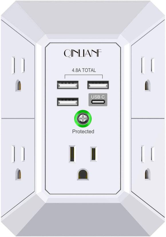5-Outlet Wall Charger and Surge Protector with 4 USB Ports (4.8A Total) - 3-Sided Power Strip Multi-Plug Adapter for Home, Travel, and Office