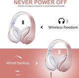 Foldable Wireless and Wired Stereo Headset Micro SD/TF, FM for Cell Phone,Pc,Soft Earmuffs &Light Weight for Prolonged Wearing(Rose Gold)