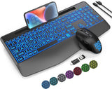 Wireless Keyboard and Mouse Backlits, Wrist Rest, Jiggler Mouse, Rechargeable Ergonomic Keyboard with Phone Holder, Silent Light up Combo for Computer, Mac, PC, Laptop, Chromebook