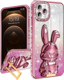 Phone 14 Pro Max Phone Case Women Cute for Apple Funda Cover Aesthetic Glitter Girls Girly Animal Rabbit Design Kawaii Stand Kickstand Bling Rhinestone Diamond Sparkle Forro Gold Luxury