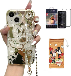 Cartoon Case for Iphone 14 Pro Max 6.7" with HD Screen Protector, Minnie Mouse with Wrist Strap Kickstand Metal Chain Strap Soft TPU Shockproof Protective for Girls Women