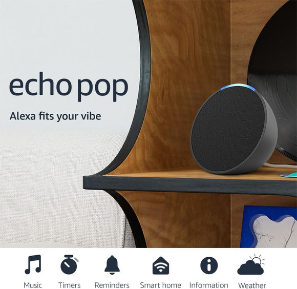 Echo Pop | Alexa Fits in Anywhere: Bedroom, Living Room, Bathroom, Office, and Small Spaces | Charcoal