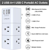 USB -  Multi Plug Outlet with Rotating Plug, 3-Sided Swivel Power Strip with 6 AC Spaced Outlet Splitter and 3 USB Ports (1 USB C)