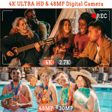 4K 48 Megapixel Autofocus Digital Camera with 3-Inch 180° Flip Screen Vlogging Camera, 16X Digital Zoom Digital Camera with Self-Timer Continuous Shooting Slow Motion Recording with Wifi with 52Mm Wide-Angle and Macro Lens, TF Card, Battery (Black/Pink)