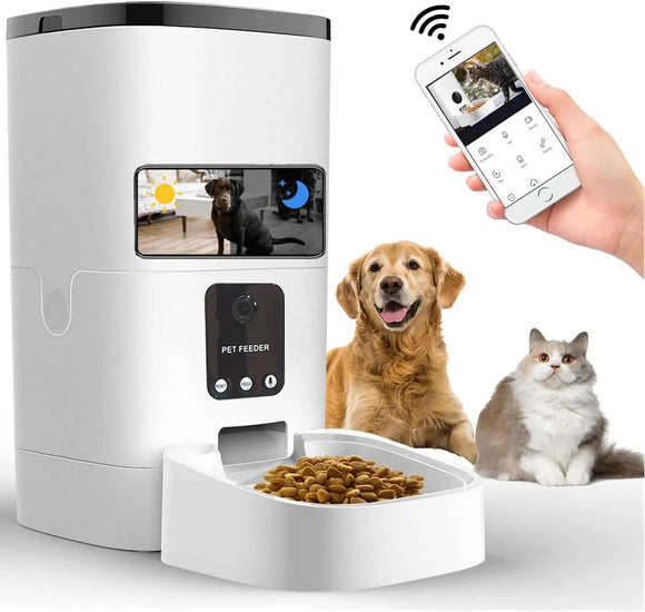 6L Automatic Pet Feeder for Cats and Dogs,1080P Camera,App Control,Voice Recorder,Timed Feeder for Schedule Feeding, Dual Power Supply,Wifi Pet Food Dispenser with App Control