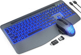 Wireless Keyboard and Mouse Backlits, Wrist Rest, Jiggler Mouse, Rechargeable Ergonomic Keyboard with Phone Holder, Silent Light up Combo for Computer, Mac, PC, Laptop, Chromebook