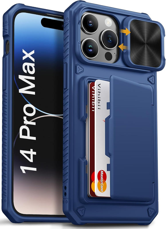 14 Pro Max Wallet Case with Card Holder (4 Cards), [RFID Blocking] & Slide Lens Camera Cover & Raised Edges Protect Screen, Shockproof Rugged Wallet Phone Case, 6.7