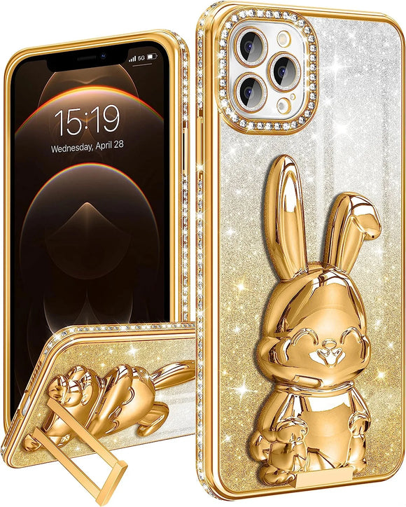 Phone 14 Pro Max Phone Case Women Cute for Apple Funda Cover Aesthetic Glitter Girls Girly Animal Rabbit Design Kawaii Stand Kickstand Bling Rhinestone Diamond Sparkle Forro Gold Luxury