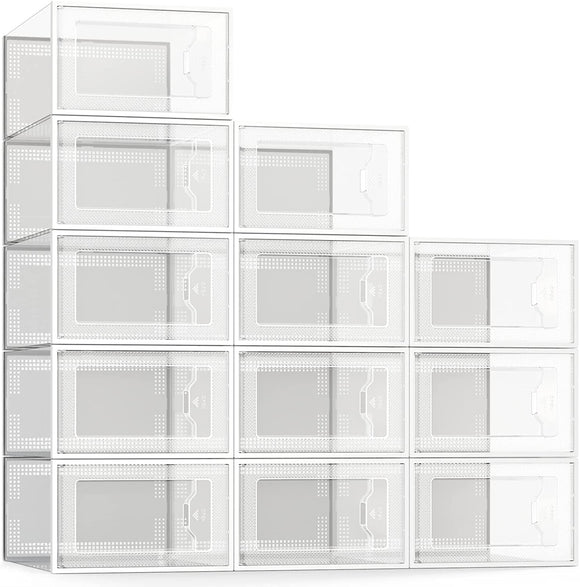 Clear Plastic Stackable Shoe Organizer for Closet, Space Saving Foldable Shoe Rack Sneaker Container Bin Holder, 12 Pack Clear