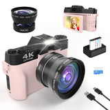 4K 48 Megapixel Autofocus Digital Camera with 3-Inch 180° Flip Screen Vlogging Camera, 16X Digital Zoom Digital Camera with Self-Timer Continuous Shooting Slow Motion Recording with Wifi with 52Mm Wide-Angle and Macro Lens, TF Card, Battery (Black/Pink)