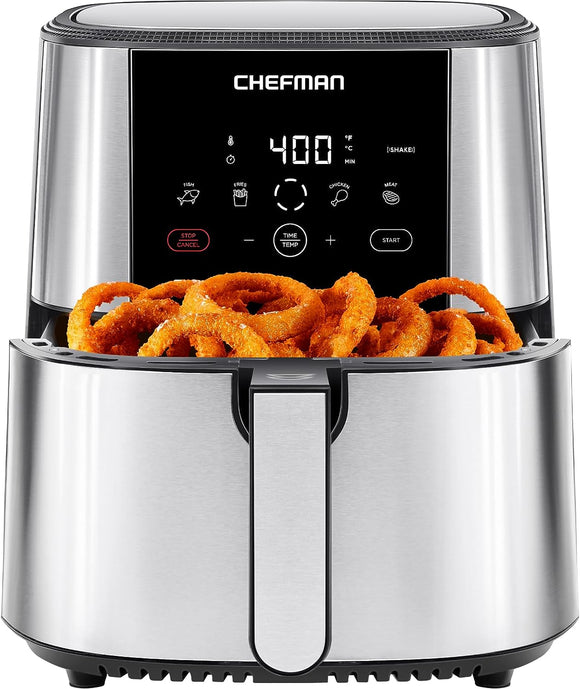 Touch Air Fryer, XL 8-Qt Family Size, One-Touch Digital Control Presets, French Fries, Chicken, Meat, Fish, Nonstick Dishwasher-Safe Parts, Automatic Shutoff, Stainless Steel