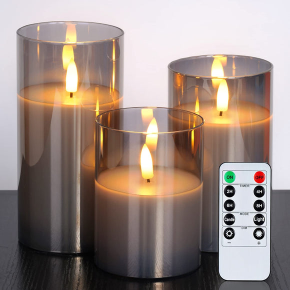 Glass Flameless Candles, Battery Operated Candles, LED Pillar Candles with Remote Control and Timer, Electric Fake Candles, Wax, Grey Glass, D3 H4 5